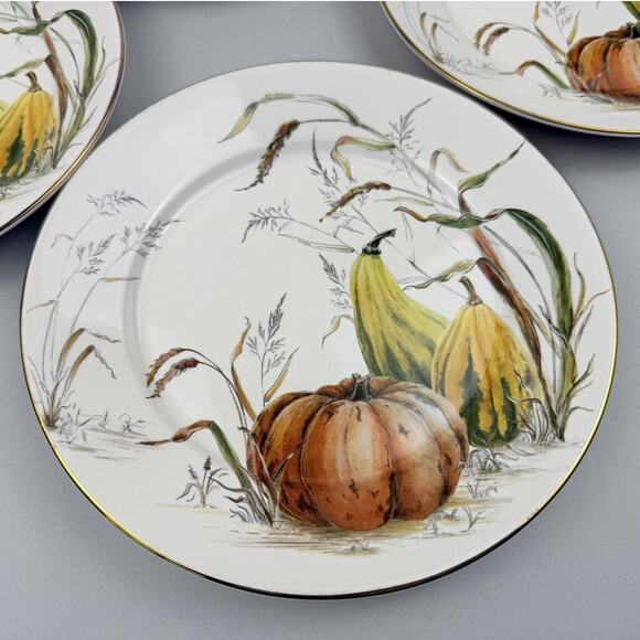 Pottery Barn Bedford Harvest Gourd Salad Plates SET OF 4 Autumn Gold Rim New - Picture 1 of 10